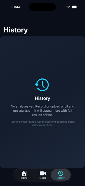 BJJ Vision AI History screen for reviewing saved roll analyses
