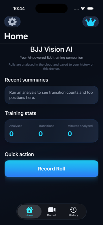 BJJ Vision AI Home screen with training stats and Record Roll