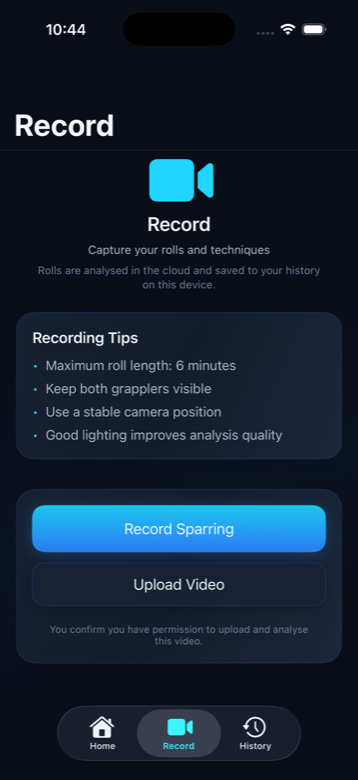 BJJ Vision AI Record screen for capturing and uploading rolls